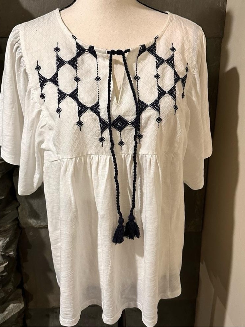 White Embroidered Peasant Top with Navy Tassels